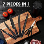 Kitchen Knife Ket with block, Knife Block Set, Anti-Rust High Carbon German Stainless Steel Knife Set, 7 Piece Chef Knife Set, New Home Apartment Essentials, Dishwasher Safe, Black