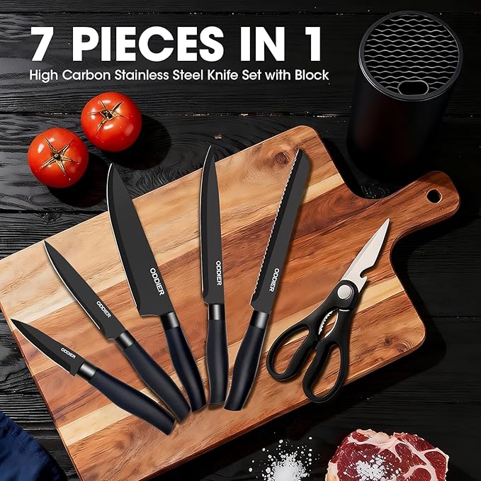 Kitchen Knife Ket with block, Knife Block Set, Anti-Rust High Carbon German Stainless Steel Knife Set, 7 Piece Chef Knife Set, New Home Apartment Essentials, Dishwasher Safe, Black