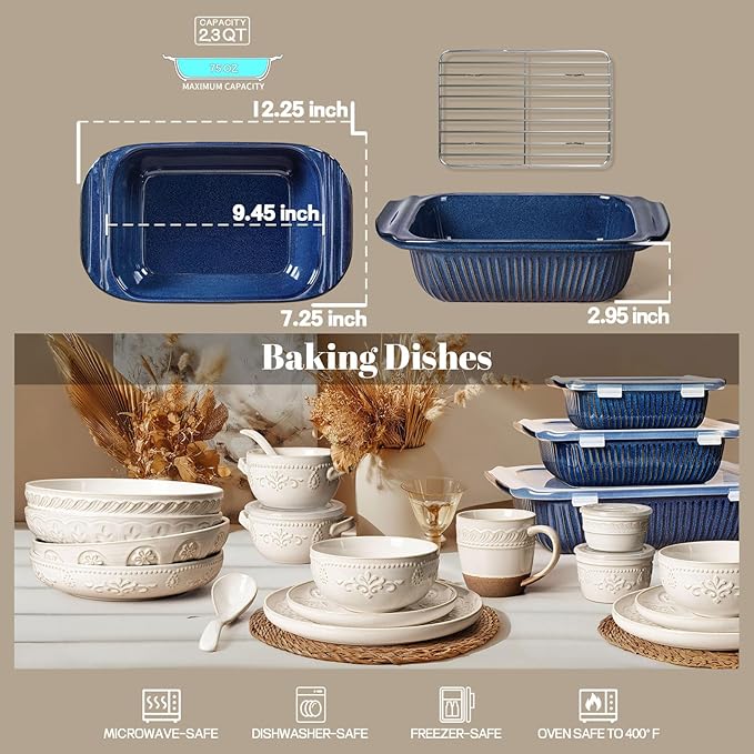 Artena Baking Dish 2.3 Quarts, Casserole Dishes For Oven, Baking Pan With Handles, Lasagna Pan Deep, Large Casserole Dish, Rectangular Ceramic Bakeware, Blue (Baking Dish With Rack)