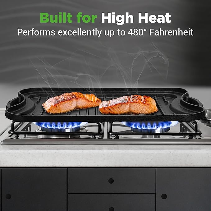 NutriChef Reversible Cast Iron Griddle Pan for Stove Top Cooking, Heavy Duty Nonstick Grill Plate with Flat & Ribbed Sides, Works as Flat Top Grill or Griddle for Gas Grill, Includes Scraper Tool