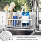 Sponge Holder for Kitchen Sink with High Brush Holder, [Stay-Dry Anywhere & No Drainage Needed] Rustproof Stainless Steel Kitchen Sink Caddy Organizer with Water Absorbing Stone Tray, White