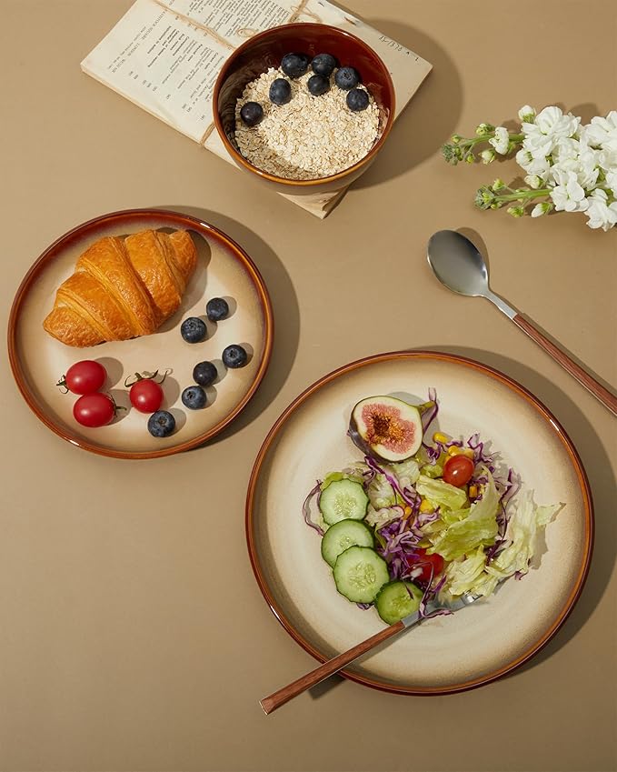 Pokini Stoneware Dinnerware Sets, Ceramic Plates and Bowls Set, Microwave & Dishwasher Safe Kitchen Dish Set, Modern Dinner Salad Plates | Cereal Bowls for 4, Dishware Sets Brown Yellow