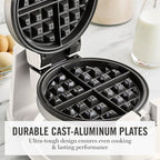 Martha Stewart Rotating Waffle Maker, 180° Flip Iron with PFAS-Free Nonstick Plates, Adjustable Timer, Ready Light, Drip Tray, Space Saving, Classic Round 7”, Easy to Clean, Stainless Steel, Linen