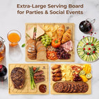 Piklohas Large Bamboo Cutting Boards Set of 4 for Kitchen, Bamboo Charcuterie Chopping Board with Holder Non Slip, Steak Serving Tray with Juice Groove, Big Butcher Block for Cheese, Ideal for Gift