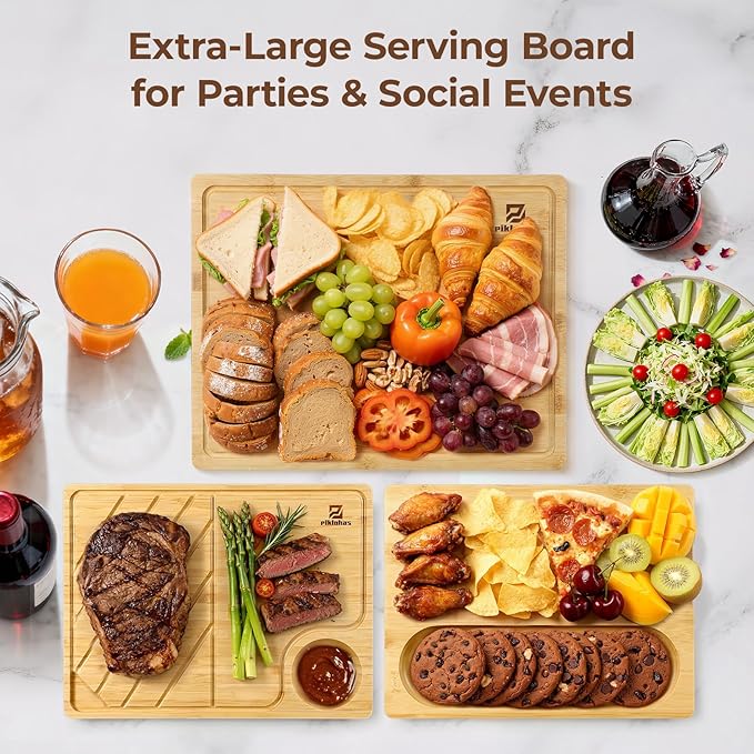 Piklohas Large Bamboo Cutting Boards Set of 4 for Kitchen, Bamboo Charcuterie Chopping Board with Holder Non Slip, Steak Serving Tray with Juice Groove, Big Butcher Block for Cheese, Ideal for Gift