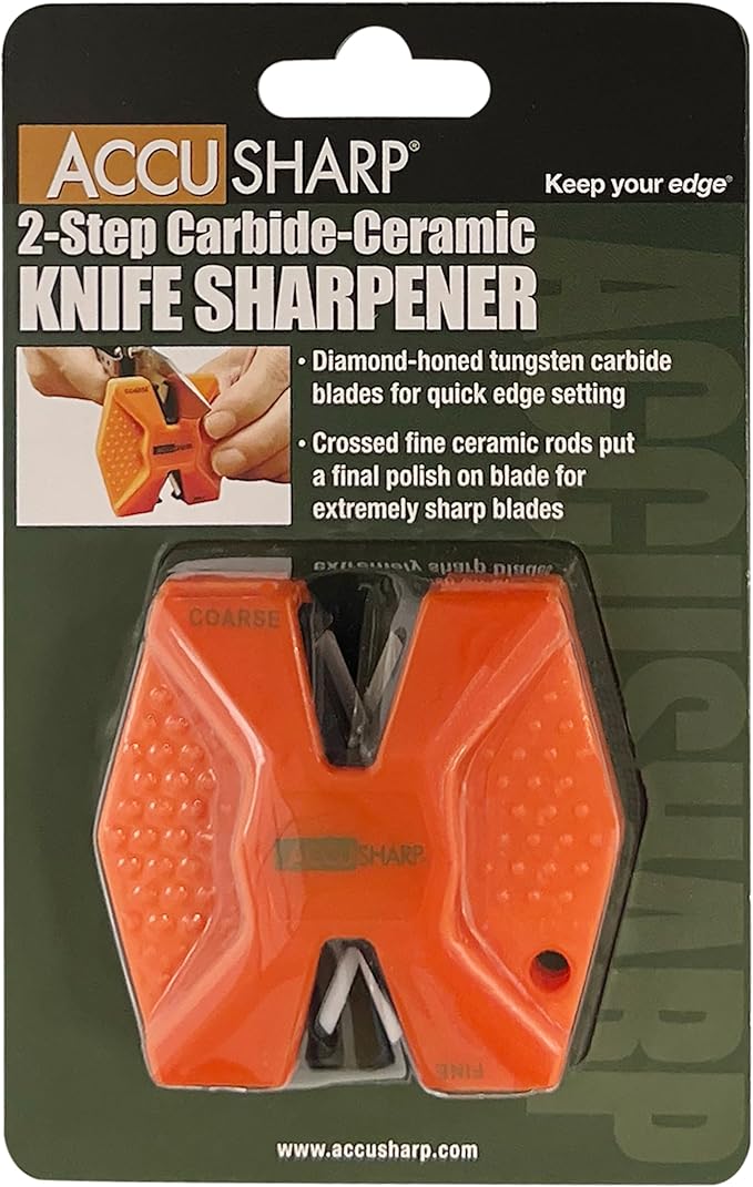 AccuSharp Pull Through Knife Sharpener Keychain, 2-Stage Sharpener for Straight or Serrated Kitchen Knives, Handheld Tool for Fishing & Hunting, Orange