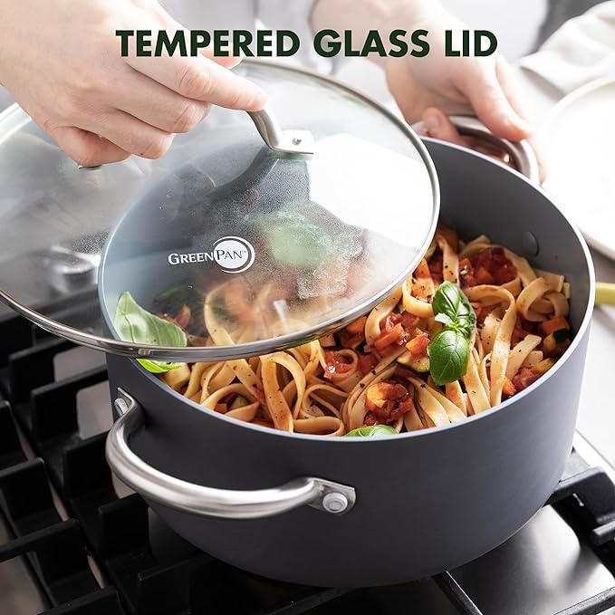 GreenPan Lima 5.2QT Nonstick Stock Pot with Glass Lid, Nontoxic PFAS-Free Ceramic Casserole, Hard Anodized Cookware, Oven & Broiler Safe, Stainless Steel Handles, Gray