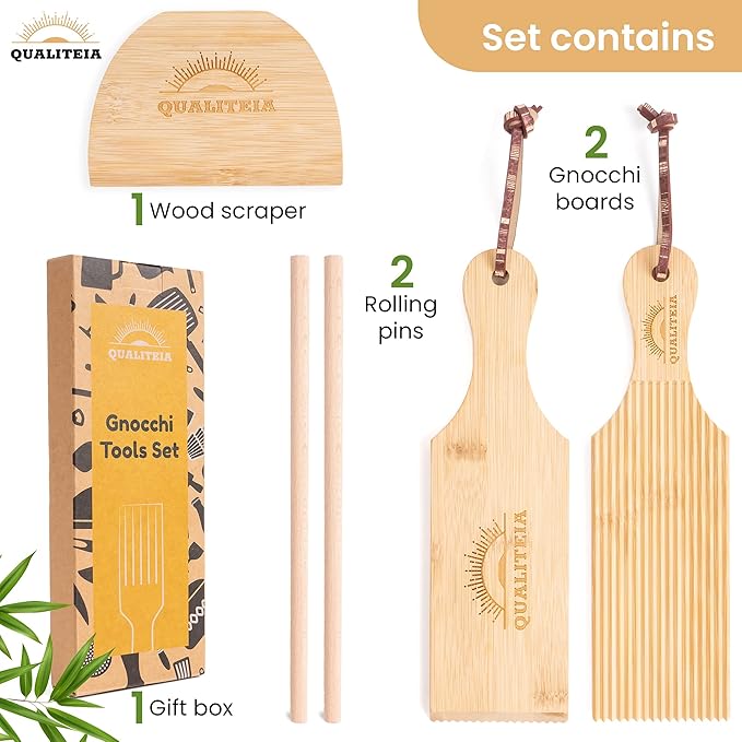 Gnocchi Board Set for Rolling Dough - 2x Paddles, 2x Rollers & 1x Cutter, Bamboo Pasta Shaper Tools Butter Maker, Garganelli Cavatelli Tortellini Cavarola Roller (Gnocchi Board Set 4)