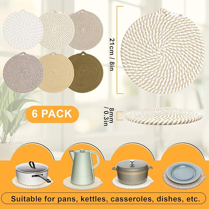 8" Trivets for Hot Dishes, 6 Pack Hot Pads for Kitchen Counter & Dining Table, Heat Resistant | Scratches | Stains Cotton Trivets for Hot Pots and Pans