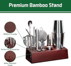 Cocktail Shaker Set Bartender Kit with Bamboo Stand, 15-Piece Stainless Steel Bar Set Accessories, Professional Bartending Kit Home Bar Tools Set with Recipes (Silver, Brown Stand)