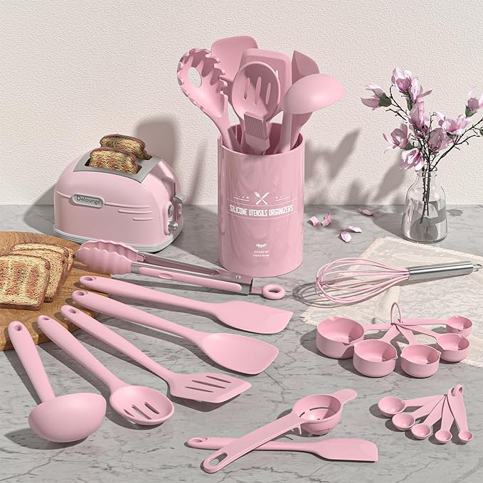 Umite Chef 22-Piece Silicone Cooking Utensils Set, Heat Resistant & Dishwasher Safe Kitchen Tools, Non-Scratch Spatula Set for Nonstick Cookware (Pink)