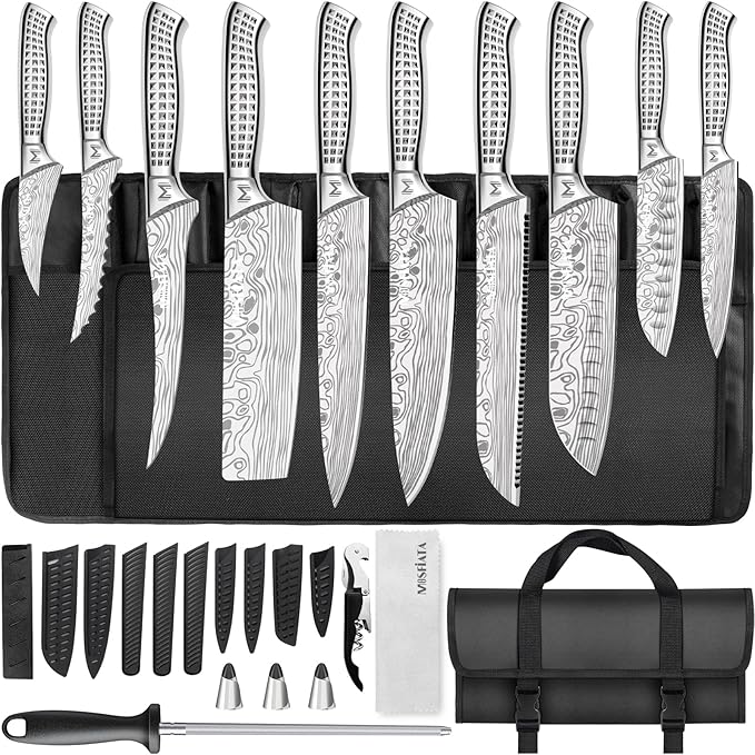 MOSFiATA Kitchen Knife Set, 17 Pcs Japanese Stainless Steel Knife Sets for Kitchen with Oxford cloth storage bag with Knife Sharpening Rod, Dishwasher Safe, For Outdoor