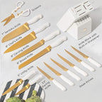 White and Gold Knife Set with Block - 14-Piece White Knife Set with Block and Built-In Sharpener – Titanium-Coated High Carbon Stainless Steel Blades - Gold Kitchen Accessories - Great for Gifting