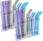 2Pack 9.5" Large Acrylic Straw Holder for Cabinet Door – Kitchen Cabinets Straws Organizer, Reusable Tumbler, Small Kitchens Accessories Storage Container (Transparent)