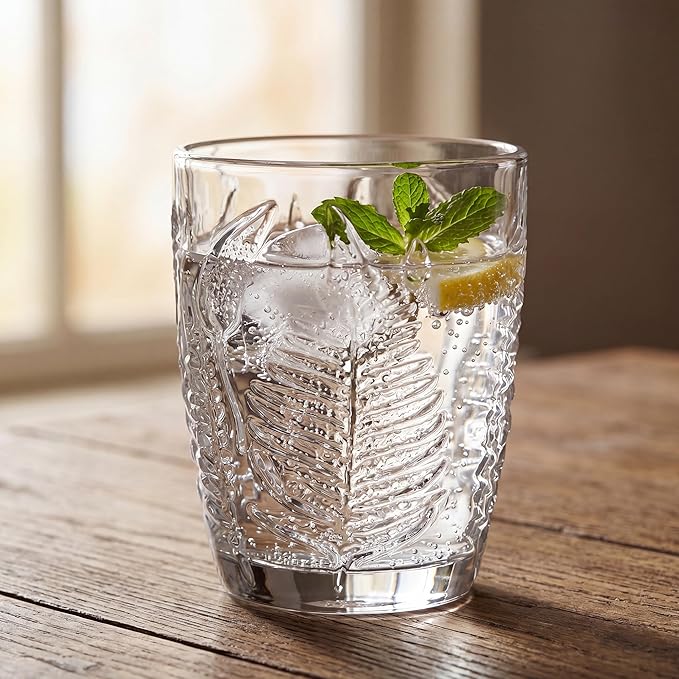 Vintage Drinking Glasses Set of 4, 10 oz Hand-Pressed Clear Glass Cups, Fern Embossed Retro Glassware, Textured Tumblers for Water, Cocktails & Juice, Decorative Kitchen Drinkware, Unique Boho Gift
