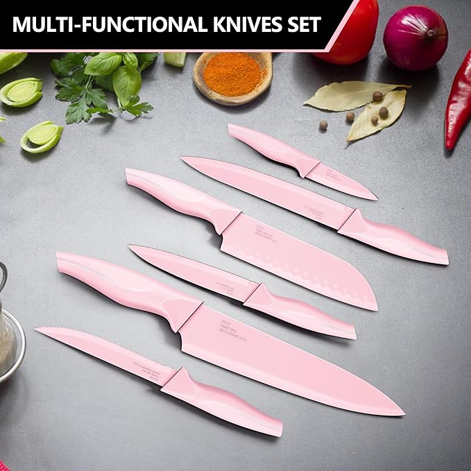 E-far Knife Set with Block, 15 Pieces Kitchen Knife Block Set with Sharpener, High Carbon Stainless Steel Sharp Chef Knife Set with Ergonomic Handles, Anti Rust, Pink