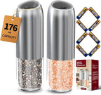 CIRCLE JOY Gravity Electric Salt and Pepper Grinder Set, Battery Powered Automatic Pepper Mills with Adjustable Coarseness, One Hand Operation, 176ml Large Container, Silver - Includes 8 Batteries