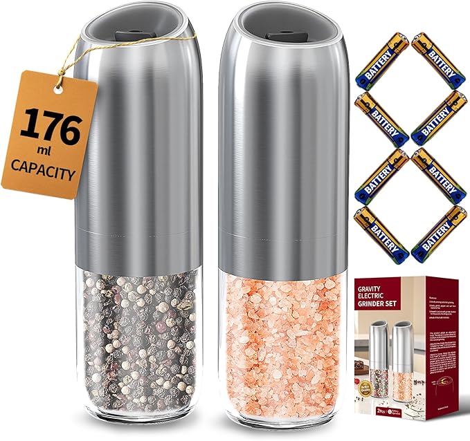 CIRCLE JOY Gravity Electric Salt and Pepper Grinder Set, Battery Powered Automatic Pepper Mills with Adjustable Coarseness, One Hand Operation, 176ml Large Container, Silver - Includes 8 Batteries