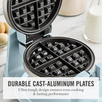 Martha Stewart Rotating Waffle Maker, 180° Flip Iron with PFAS-Free Nonstick Plates, Adjustable Timer, Ready Light, Drip Tray, Space Saving, Classic Round 7”, Easy to Clean, Stainless Steel, Sky Blue
