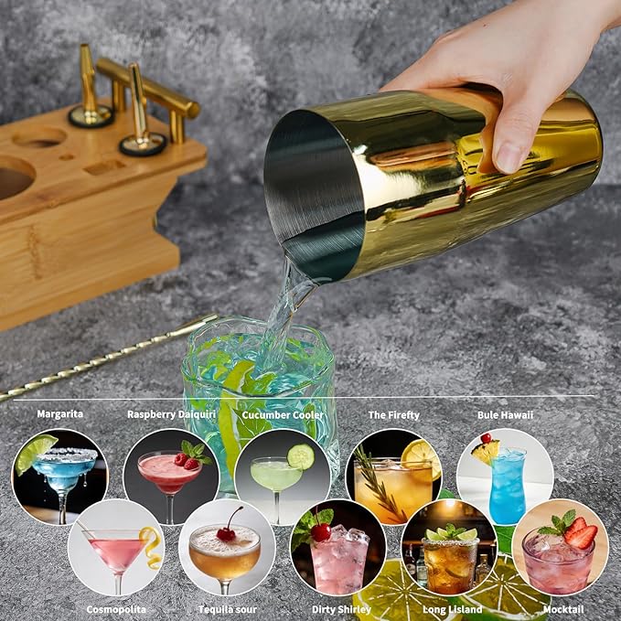 JNWINOG Cocktail Shaker Set Stainless Steel Bartending Kit 18.6oz Cocktail Bar Set Cocktail Mix Drink Making Kit Professional Bar and Home Drink Bar Tools for Bartender (Gold, 12Pcs-1)