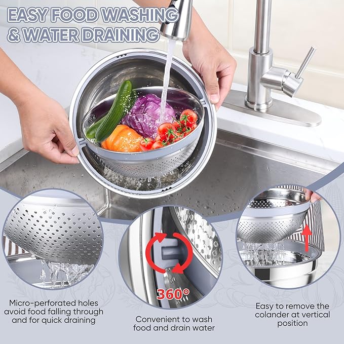 TeamFar 4-1 Colander with Bowl Set, Rotatable Colander for Kitchen, Stainless Steel Food Strainers and Colanders Mixing Bowl with Graters, for Veggies Fruits Washing, Pasta Straining - Black