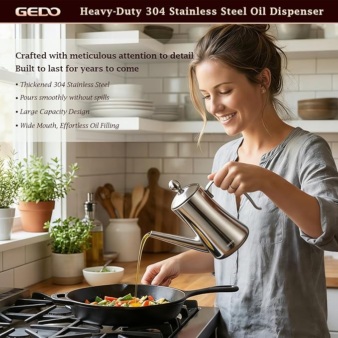 GEDO 304 Stainless Steel Oil Dispenser, Eagle Beak Drip-Free Spout Oil Pot with Extra Wide Mouth & Air Vent Lid, Large Capacity for Kitchen Cooking & Outdoor Grilling (1.37QT / 1300ml)
