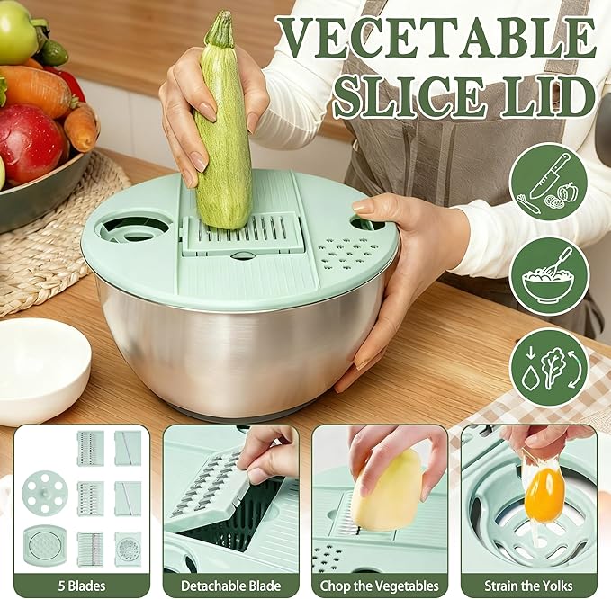 Unokit Stainless Steel Salad Spinner - Large Spinner with Non-Slip Base and 5 Blade Slicers, Dishwasher Safe Lettuce Spinner for Efficient Salad Preparation and Food Washing in Kitchen