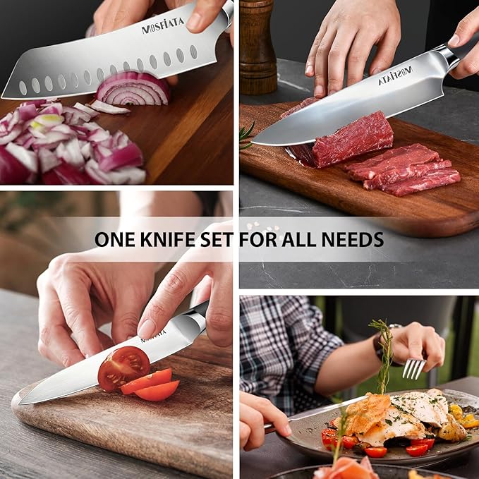 MOSFiATA Kitchen knives set with Carry case Bag,Stainless Steel Chefs Knife Set with Knife Sharpener Rod,Japanese Santoku Knives Set with ABS Handle for Outdoor Travel Camping BBQ