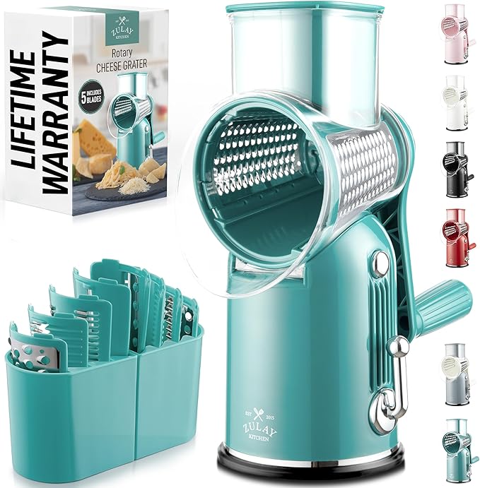 Zulay Kitchen Rotary Cheese Grater 5 Blade Cheese Shredder - Manual Hand Crank Cheese Grater With Reinforced Suction & 5 Interchangeable Drums - Easy to Use, Vegetable Chopper Round Mandoline Slicer