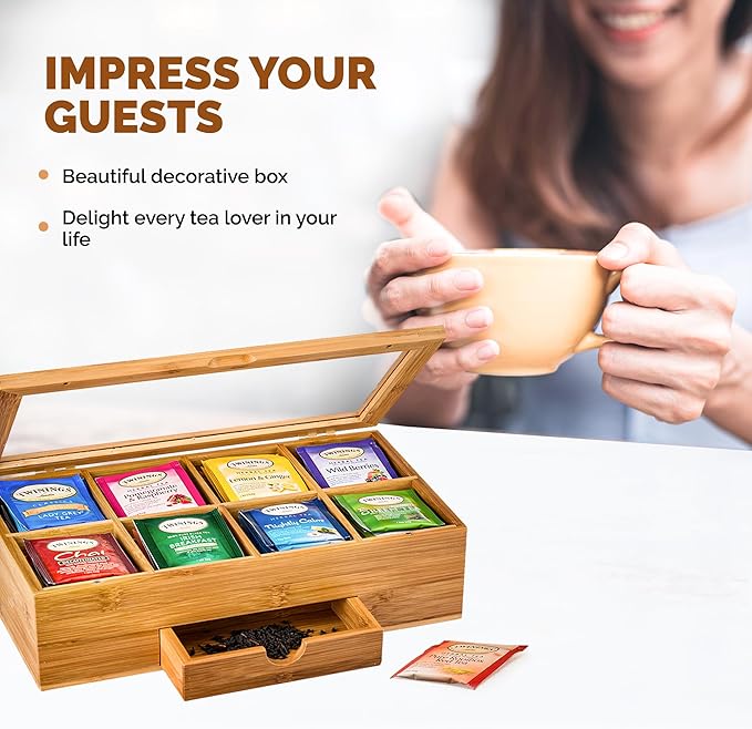 Bambüsi Tea Box Organizer with Drawer - 8 Compartment Bamboo Wooden Tea Storage Chest with Acrylic Window & Magnetic Lid - Tea Accessories & Gift Set for Women, Birthdays, House Warming Gifts New Home