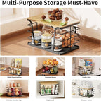 Pantry Organizers and Storage - Stackable Wire Basket with Lightweight PP Mat & Bamboo Top for Fruits Vegetables,Fruit Holder for Kitchen Countertop,Black