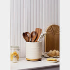 Utensil Holder, 360° Rotating Extra Large Ceramic Kitchen Utensil Holder for Countertop, 7.3“ Cooking Utensil Crocks for Kitchen Counter with Rotatable Wooden Base, Farmhouse Decor, Arctic White