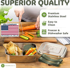 Everusely - Bento Box - Sage, 47oz / 1.4 L - Large Stainless Steel Lunch Box with Leakproof Condiment Container - 3 Compartment Snack Organizer for On the Go Meals - Freezer & Dishwasher Safe