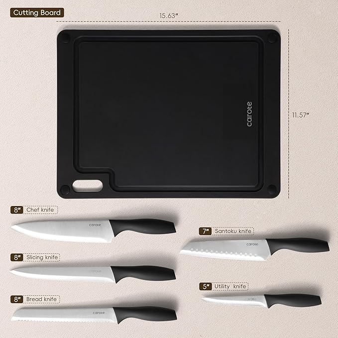 CAROTE Knife Set, 11 Pcs Kitchen Knives with 5 Blade Guards & Non-Slip Cutting Board, Rustproof Stainless Steel 5 Kitchen Knife Set, Plain Black