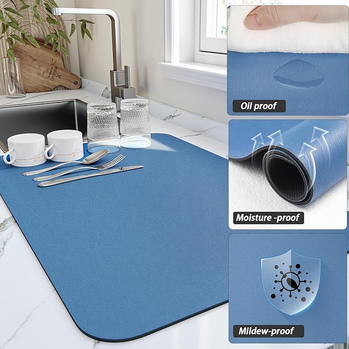 HotLive Dish Drying Mat for Kitchen Counter, Heat Resistant Drainer Mats with Non-slip Rubber Backed, Hide Stain Kitchen Super Absorbent Draining Mat, Easy to Clean Dish Rack Pad, Blue 18"x32"
