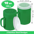 CUSINIUM 10oz Forest Green Stainless Steel Salt Pepper Dredge Shakers - With Plastic Cap - With Handle - Pack of 2