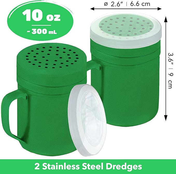 CUSINIUM 10oz Forest Green Stainless Steel Salt Pepper Dredge Shakers - With Plastic Cap - With Handle - Pack of 2