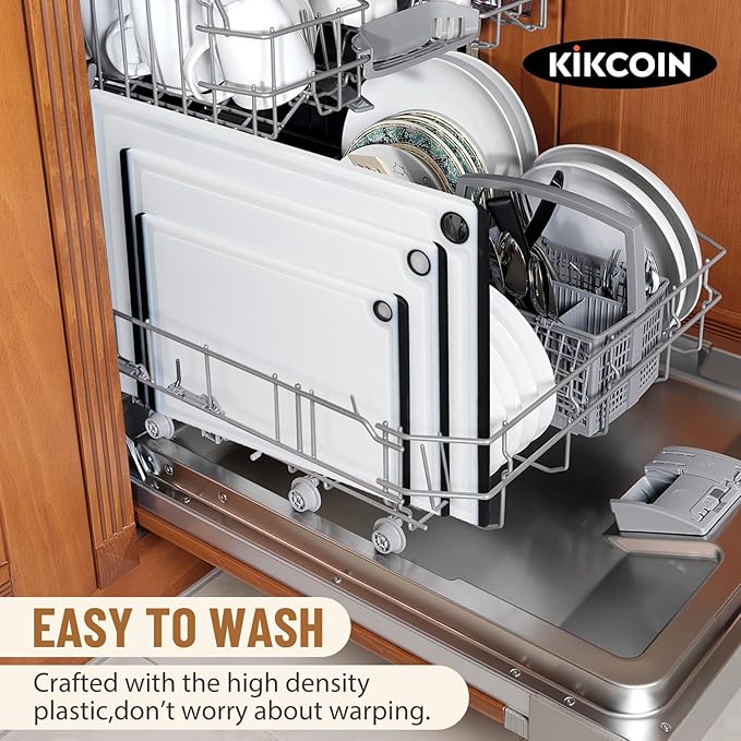 Kikcoin Plastic Cutting Boards for Kitchen, 3-Piece Large Cutting Board Set Dishwasher Safe Chopping Boards with Non-slip Feet and Juice Grooves, White