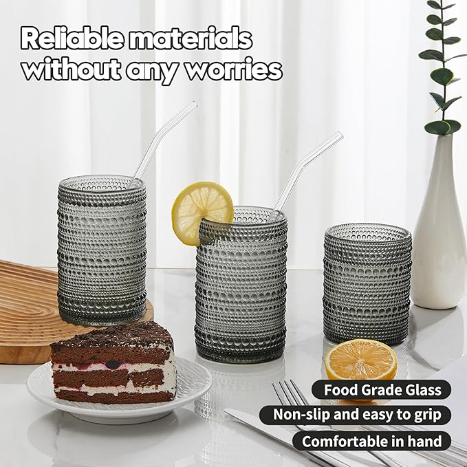 HomeVogue Hobnail Drinking Glasses Set of 6,15 oz Vintage Glassware Set Cocktail Glass Set, Embossed Grey Water Tumbler,for Beer, Whiskey,Juice and Various Mixed Drinks (15OZ Grey)