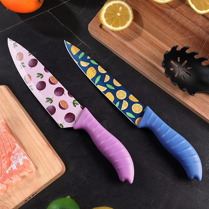 HAUSHOF Kitchen Knife Set, 12-Piece Colorful Knives Set with 6 Sheaths, Non-Stick Coated Stainless Steel Fruit Pattern Blades for Slicing, Dicing&Cutting, Gifts Knife Set for Dad, Mom