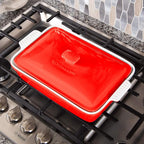 ROSSALLINI Stoneware Casserole Dish Bakeware Set with Lid, Covered Rectangular Dinnerware, Extra Large 4.23 Quart, 13 by 9 Inch, Rosso [Red]