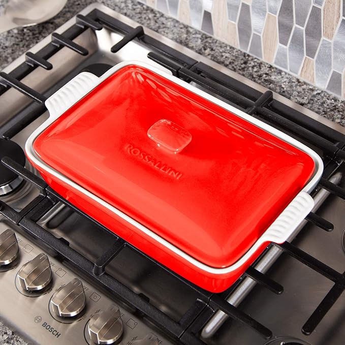 ROSSALLINI Stoneware Casserole Dish Bakeware Set with Lid, Covered Rectangular Dinnerware, Extra Large 4.23 Quart, 13 by 9 Inch, Rosso [Red]