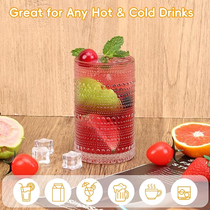 Moretoes 4 Pack Hobnail Drinking Glasses Set, 12 Oz Highball Glasses & 10 Oz Cocktail Glasses, Clear Embossed Water Glass Cups Kitchen Bar Tumbler Glassware Set for Whiskey, Beer, Juice, Milk