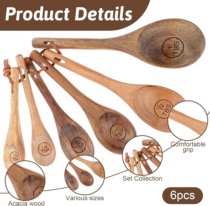 6pcs Wooden Measuring Spoons and Scoops Set Natural Acacia Wooden Measuring Spoons Measurings Tablespoons for Measurings Dry Ingredients(1/8 tsp+1/4 tsp+1/2 tsp+1 tsp+1/2 tbsp+1 tbsp)