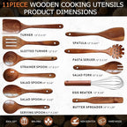 Wooden Spoons for Cooking 11 Pieces Set, High Quality Wooden Kitchen Utensil Set, Wooden Utensil Set, With Strainer Spoon, Pasta server, Fried Spatula and Salad Fork, Egg Beater, Butter Spreader