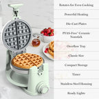Martha Stewart Rotating Waffle Maker, 180° Flip Iron with PFAS-Free Nonstick Plates, Adjustable Timer, Ready Light, Drip Tray, Space Saving, Classic Round 7”, Easy to Clean, Stainless Steel, Honeydew