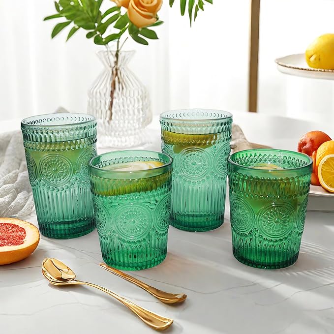 Loivttvv 12pcs Vintage Drinking Glasses Set, 12 oz Highball Glasses & 9 oz Embossed Ribbed Glassware Cups for Cocktail, Water, Juice, Coffee, Whiskey (Atroviens)