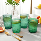 Loivttvv 12pcs Vintage Drinking Glasses Set, 12 oz Highball Glasses & 9 oz Embossed Ribbed Glassware Cups for Cocktail, Water, Juice, Coffee, Whiskey (Atroviens)