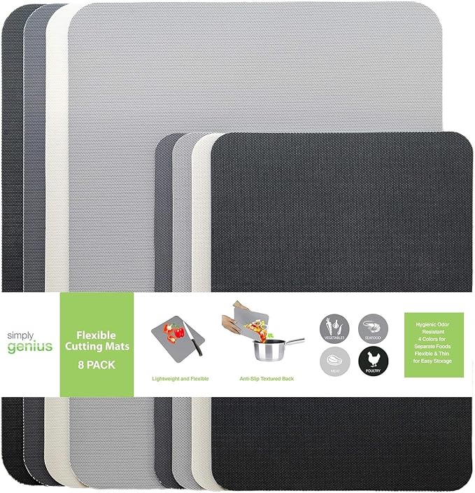 Simply Genius Flexible Plastic Cutting Board Set - Color-Coded Cutting Boards for Kitchen - Dishwasher-Safe Mats - Mini Flexible Mats - 8-Pack (4 Large 11.5 x 15 in, 4 Small 8 x 11 in)