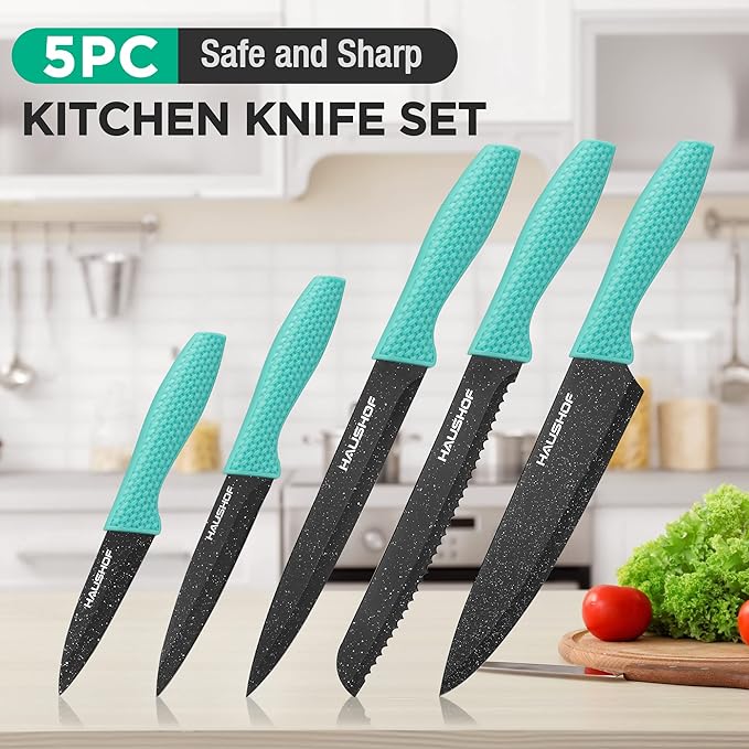 HAUSHOF Kitchen Knife Set, 5 PCS Knife Sets with Arcylic Block, Teflon Coated Green Knives Set for Kitchen, Premium Stainless Steel Knives Set with Ergonomic Handle, Great for Slicing, Dicing&Cutting